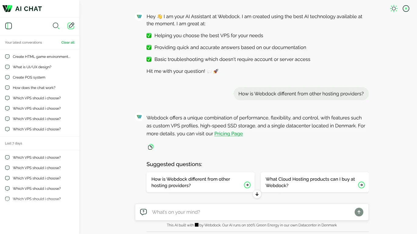 Webdock AI chat answering questions about VPS plans and hosting