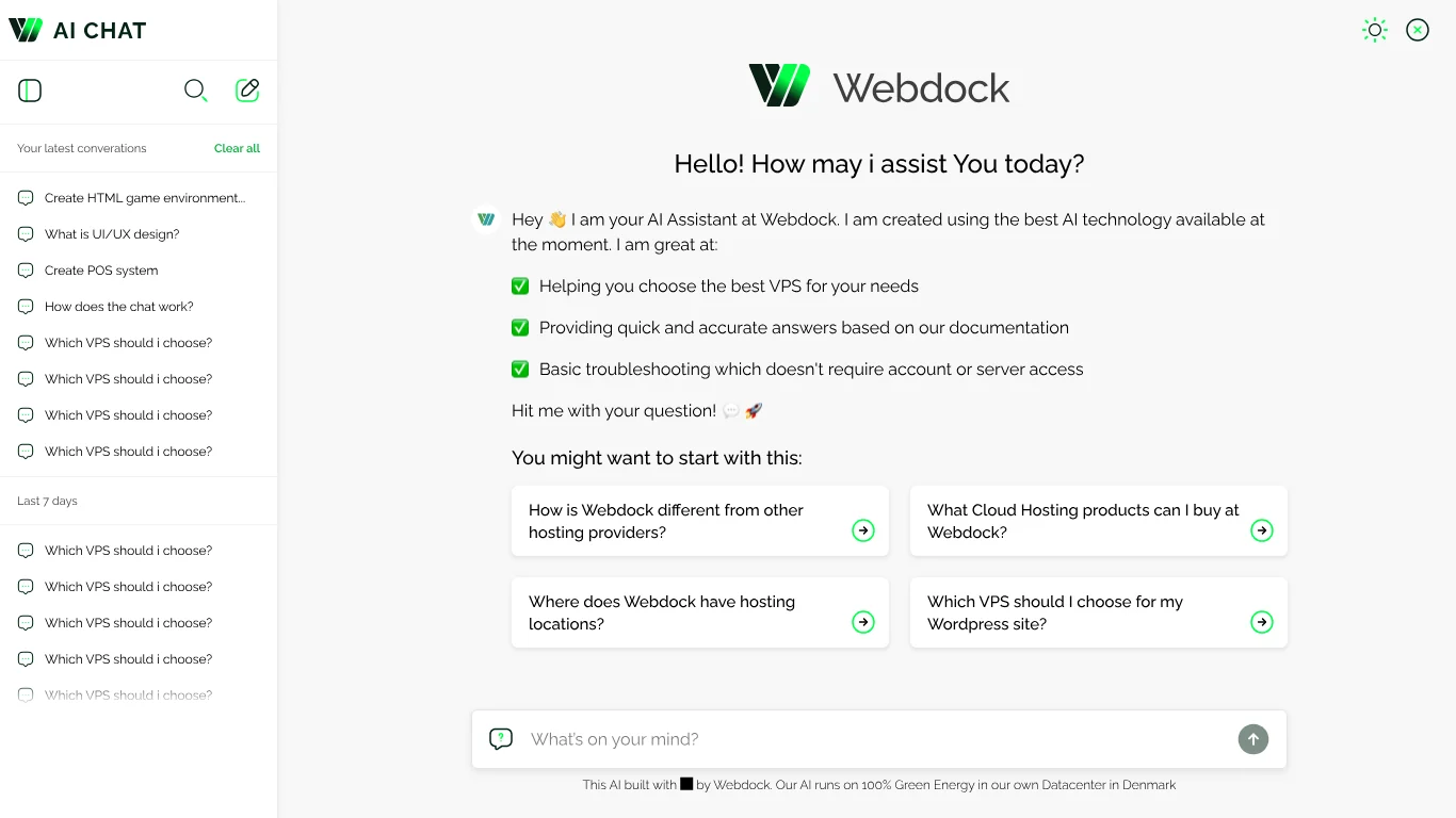 Webdock AI Assistant chat interface with suggested questions about hosting products, locations and VPS choice
