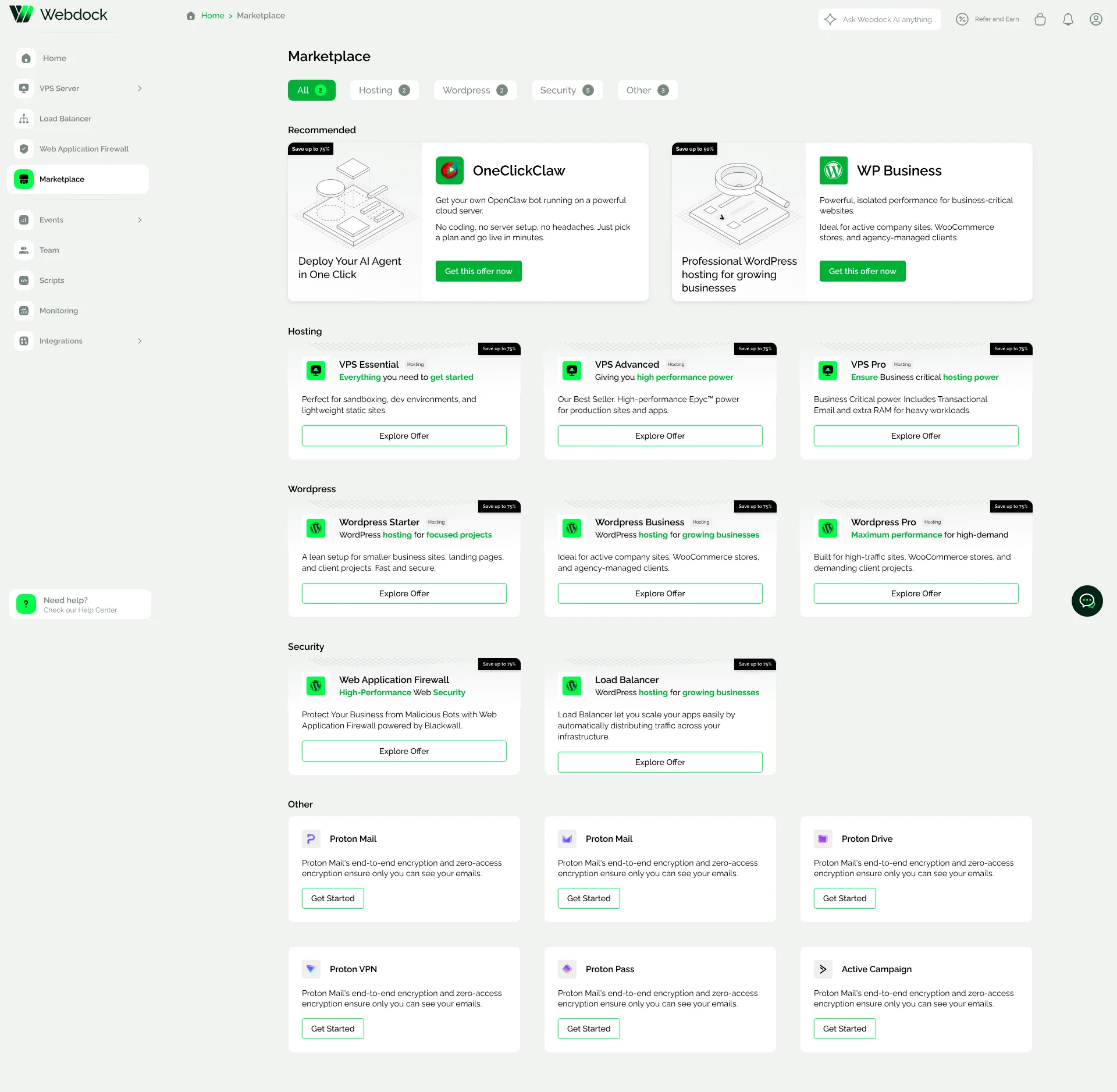 Webdock marketplace showing hosting, WordPress, security, and partner offers
