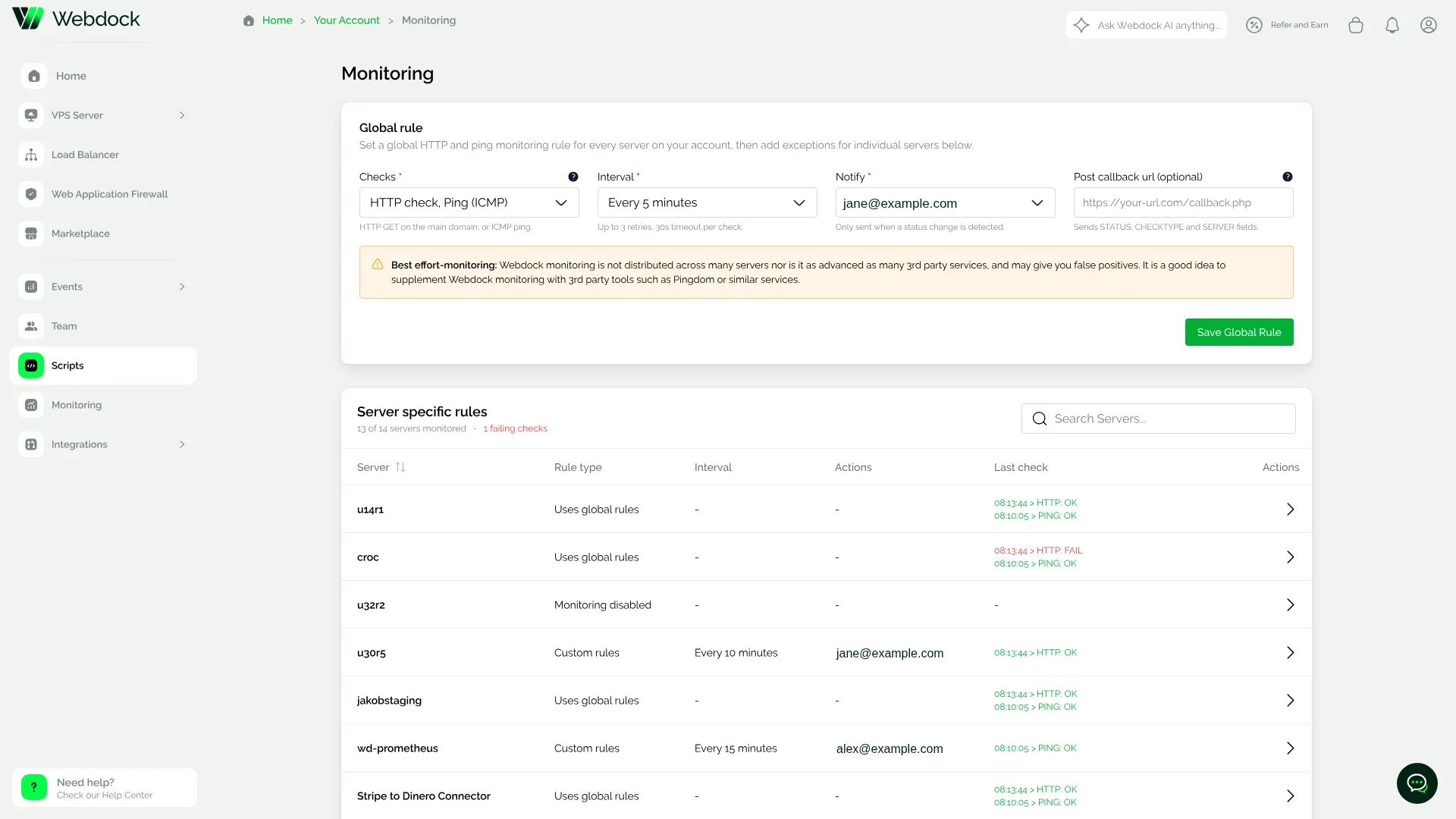 Webdock monitoring screen showing a global HTTP and ping rule plus server specific monitoring rules