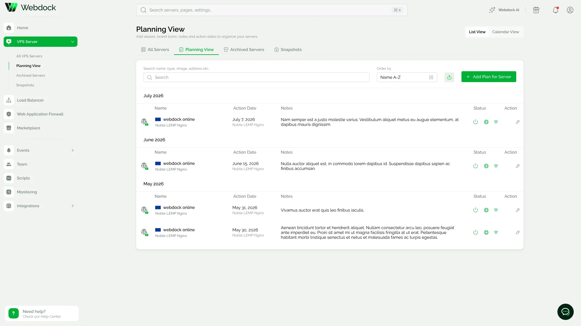 Webdock control panel planning view with scheduled server actions, dates and status