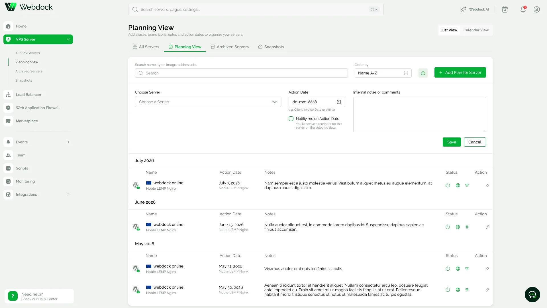 Planning view listing servers with action dates, notes, and status per server