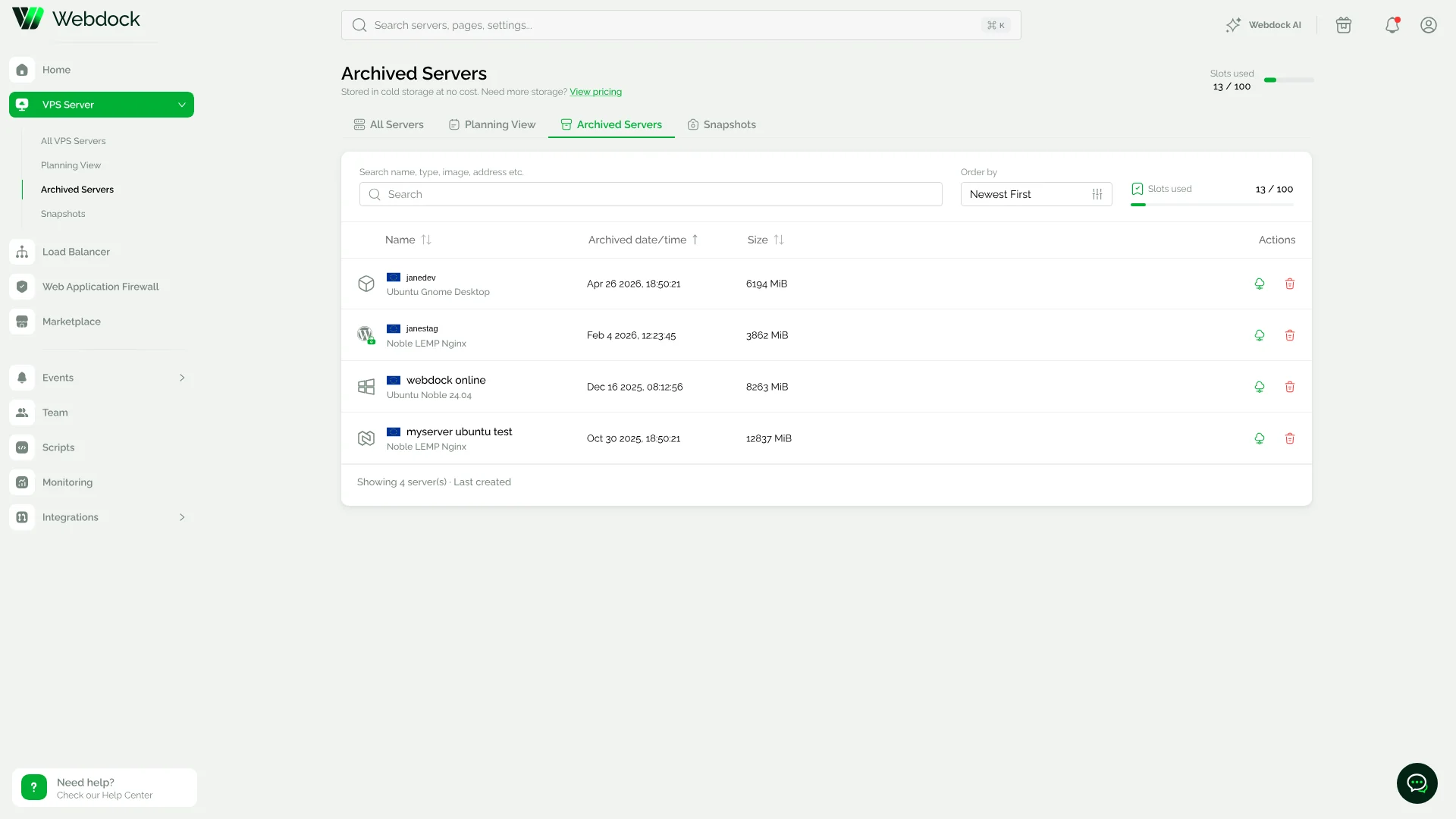 Webdock archived servers list with archived date, time and size per server