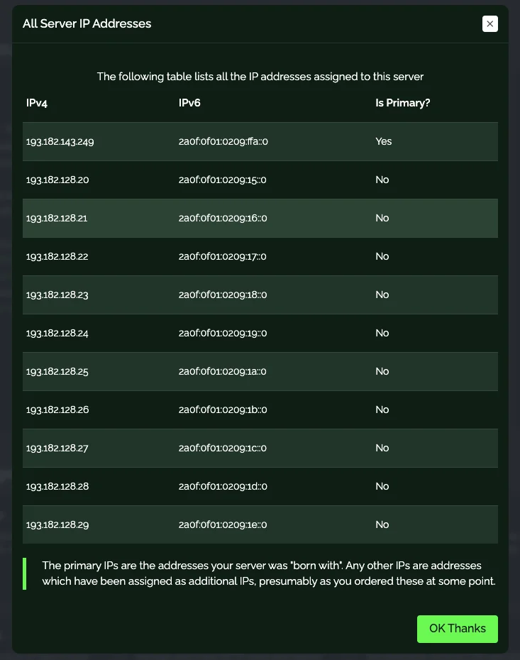 Webdock dashboard showing a table of all IPv4 and IPv6 addresses assigned to a server, with a column marking the primary addresses
