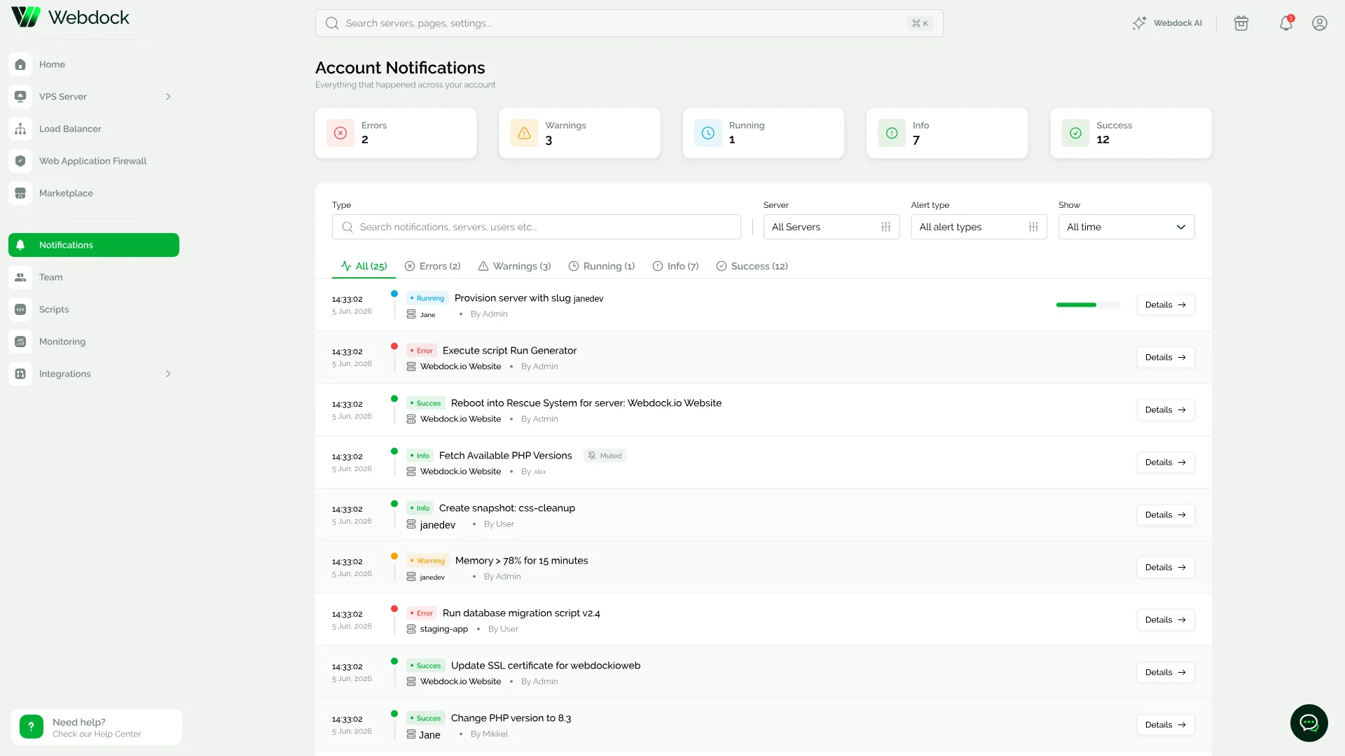 Webdock account notifications screen listing errors, warnings, running actions, info, and successful events per server
