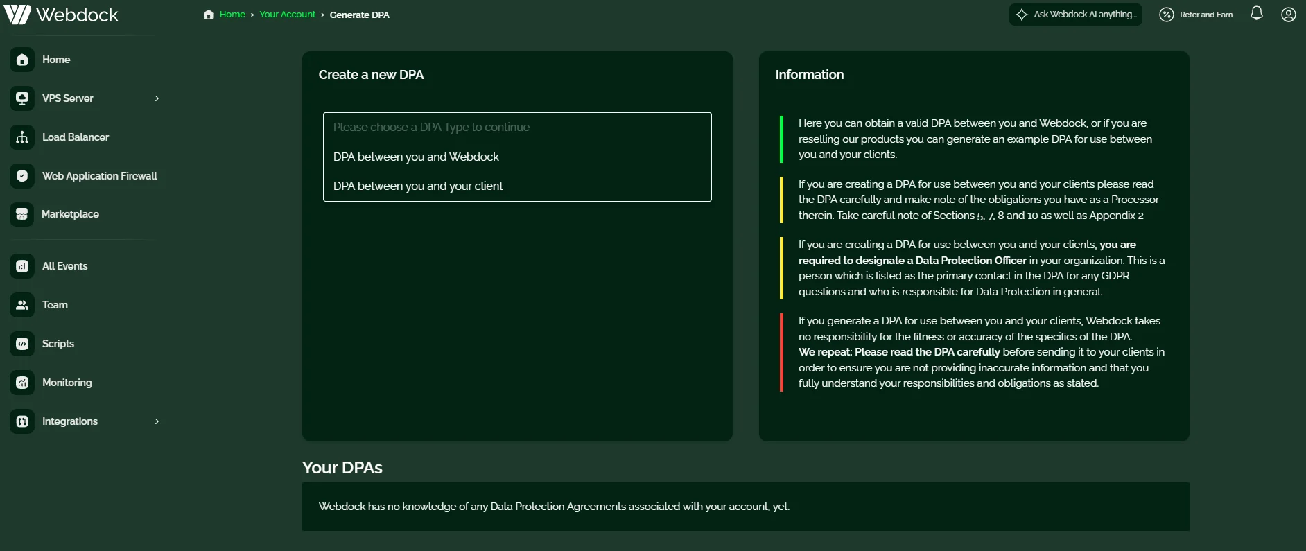 Webdock dashboard Generate DPA screen with options for a DPA between you and Webdock or between you and your client