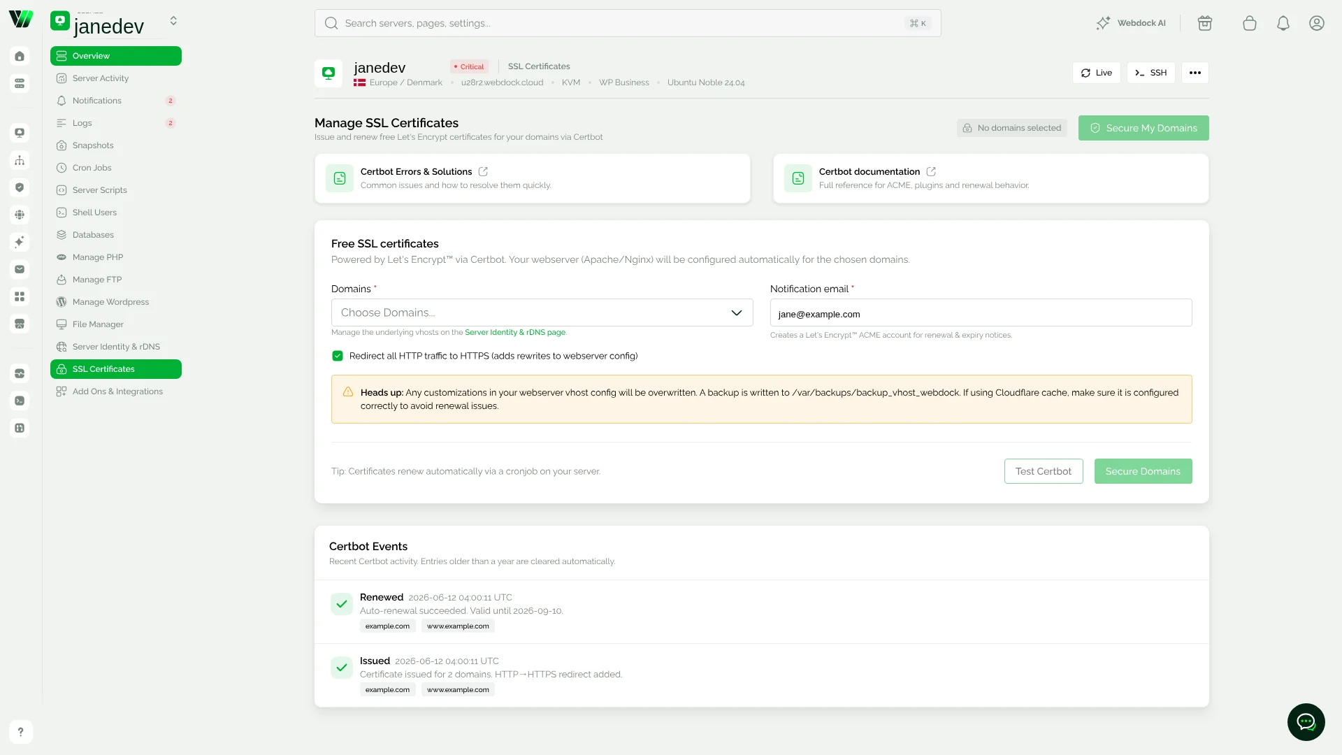 Webdock control panel SSL certificates page showing domain selection, HTTPS redirect toggle and Certbot renewal events