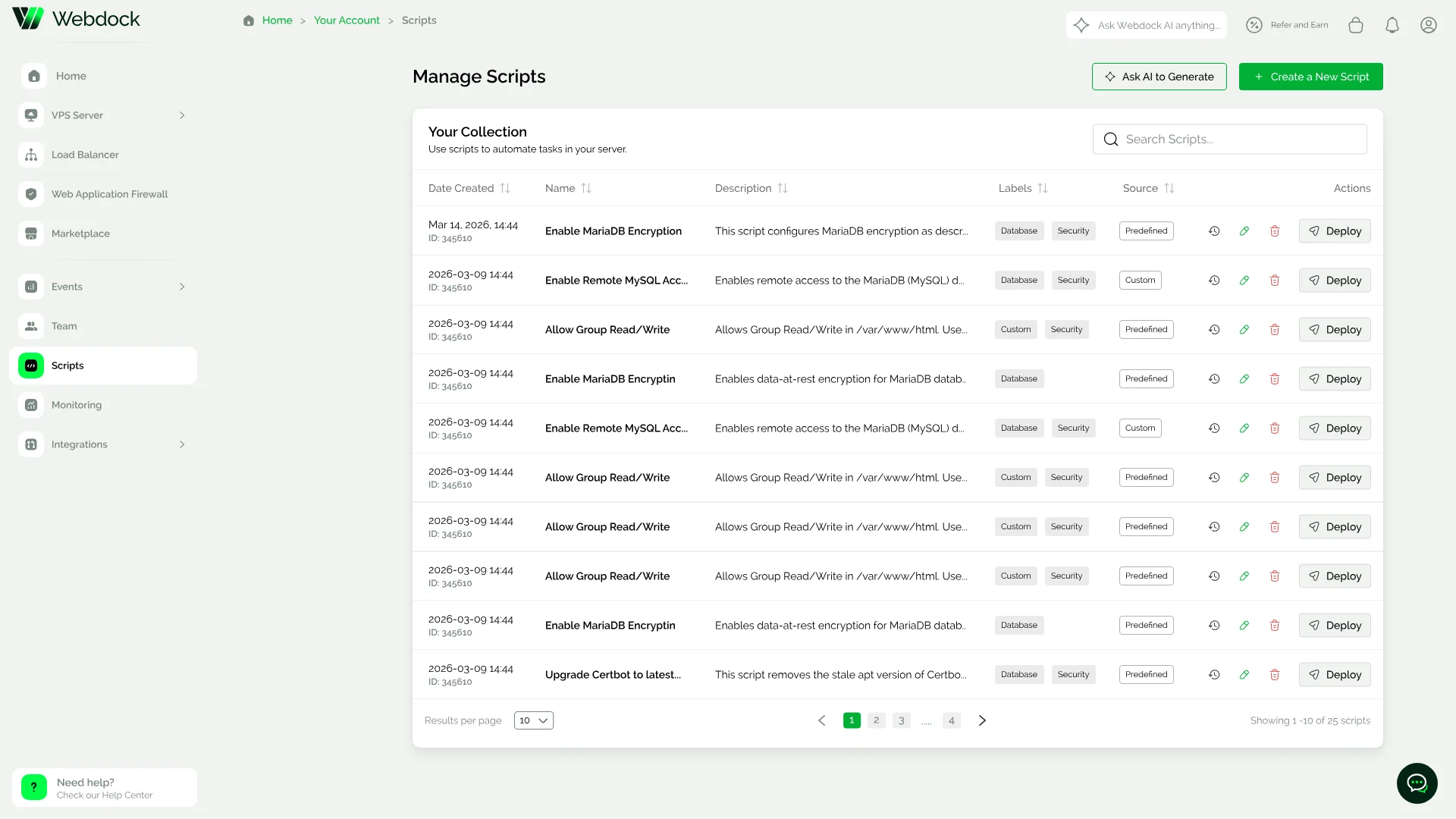 Webdock control panel Manage Scripts collection with script names, descriptions, labels, and deploy actions