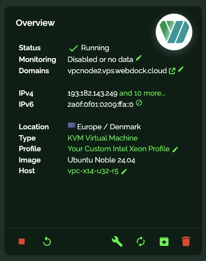 Webdock server overview card showing the primary IPv4 and IPv6 address with a link to the full address list
