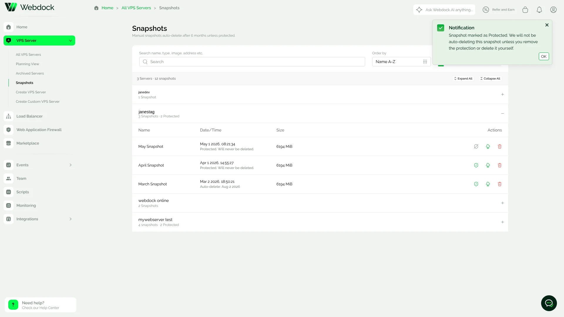 Webdock snapshots list showing snapshot names, dates, sizes, and protected or auto-delete status per server
