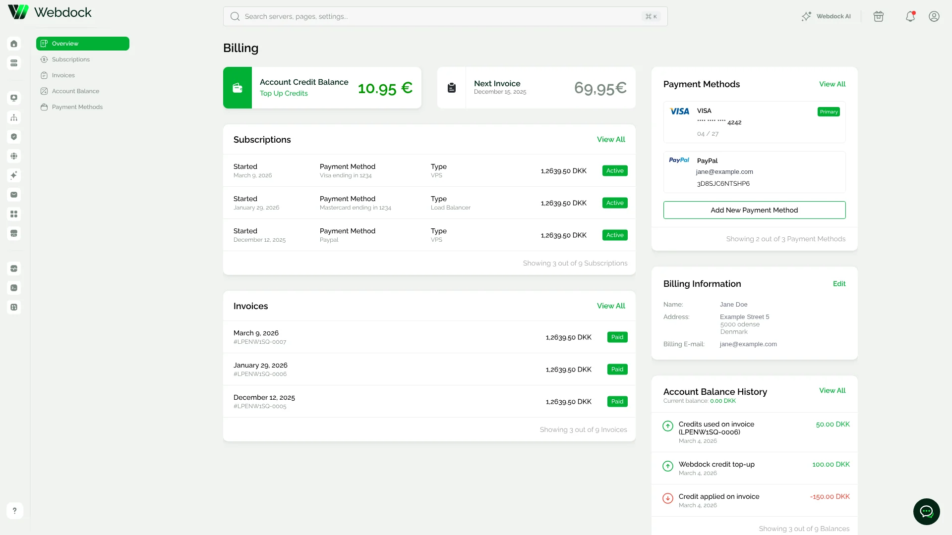 Webdock billing overview showing account credit balance, next invoice, subscriptions, invoices and payment methods