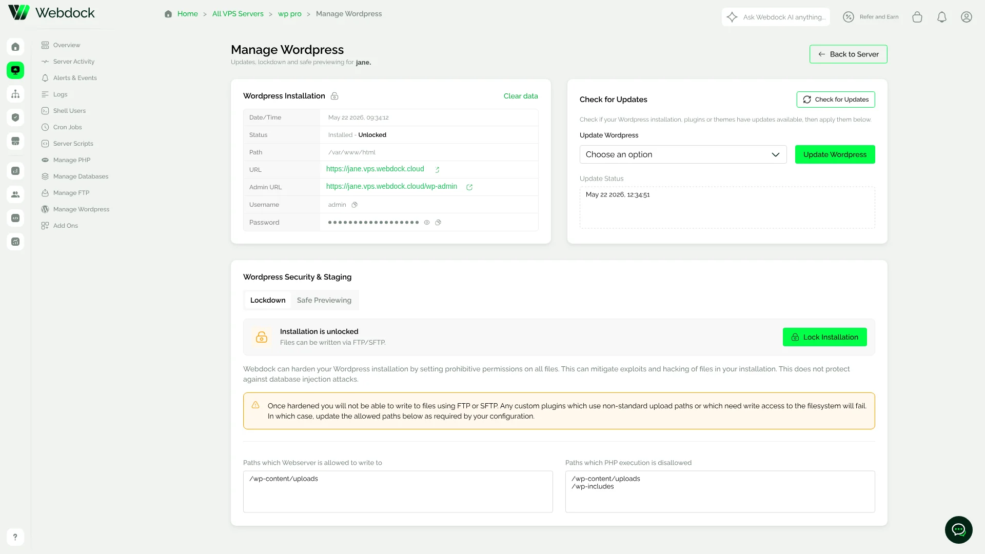Manage WordPress screen showing installation details, update checks, lockdown and safe previewing