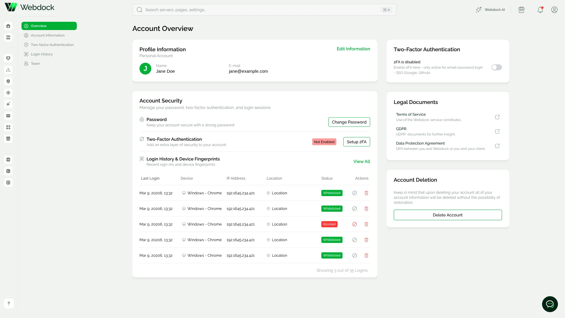Webdock account overview showing profile information, account security, two-factor authentication status and recent login history