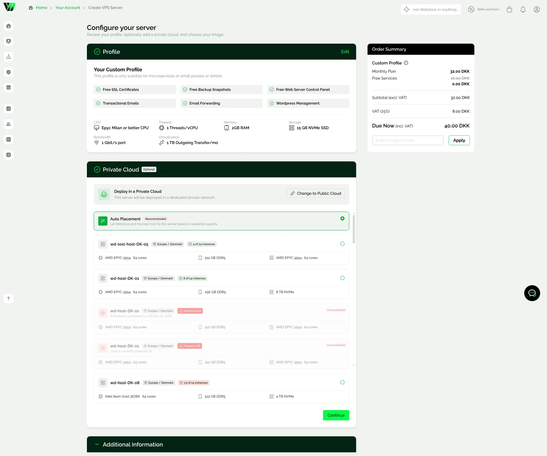 Webdock Create VPS Server flow showing Private Cloud host placement with dedicated hosts, capacity and maintenance status