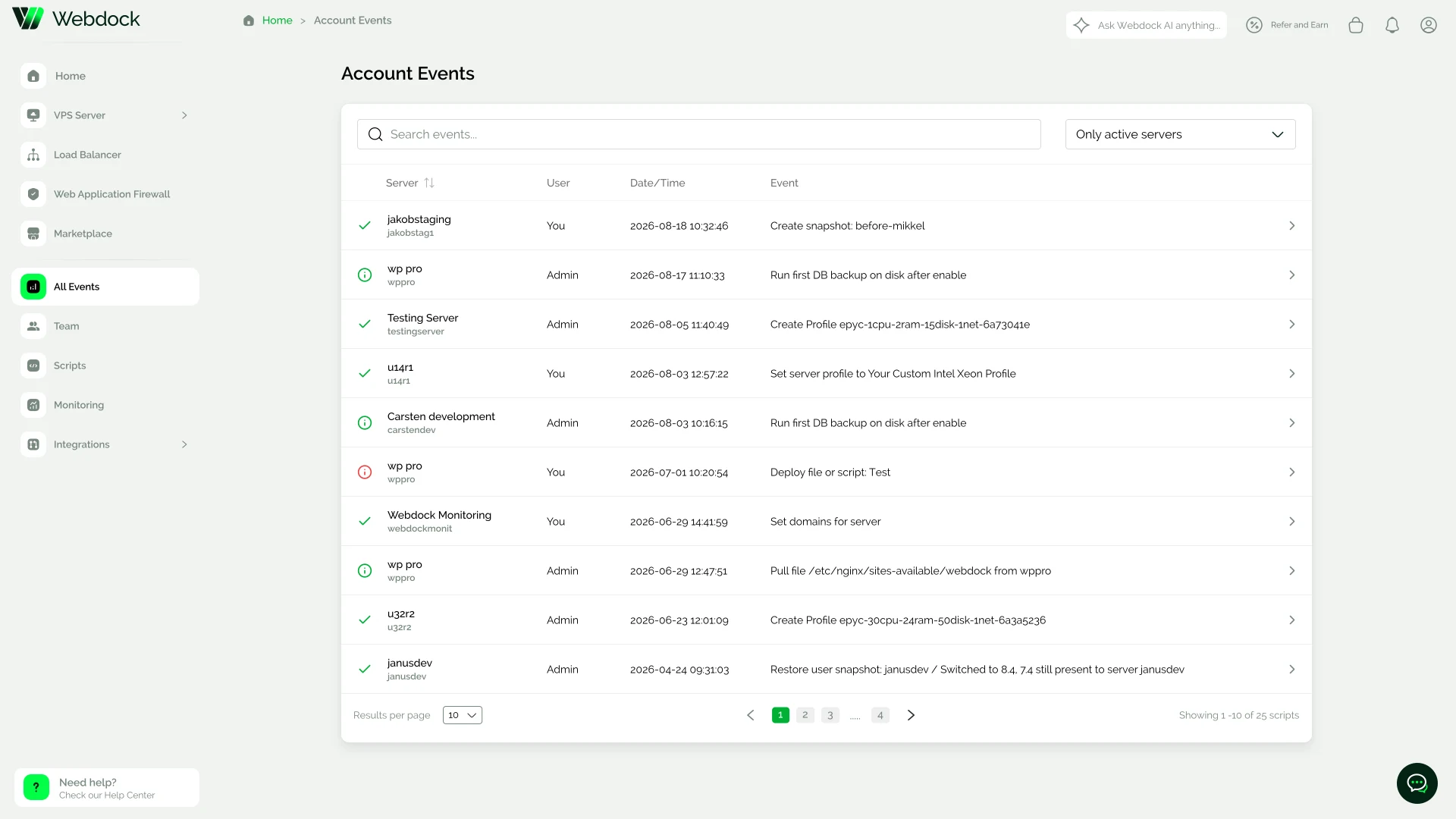 Account notifications timeline showing errors, alerts, and completed actions across servers