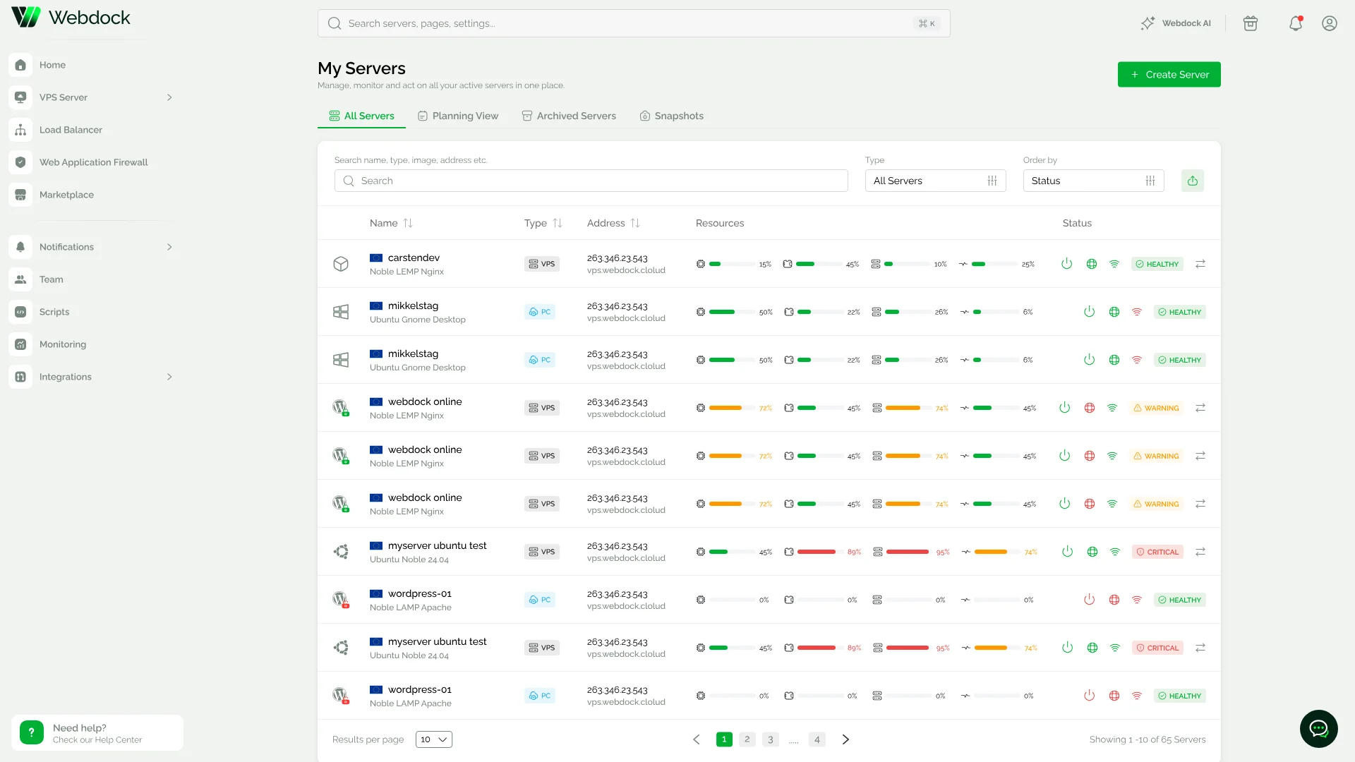 Webdock My Servers list showing server type, address, resource usage, and health status
